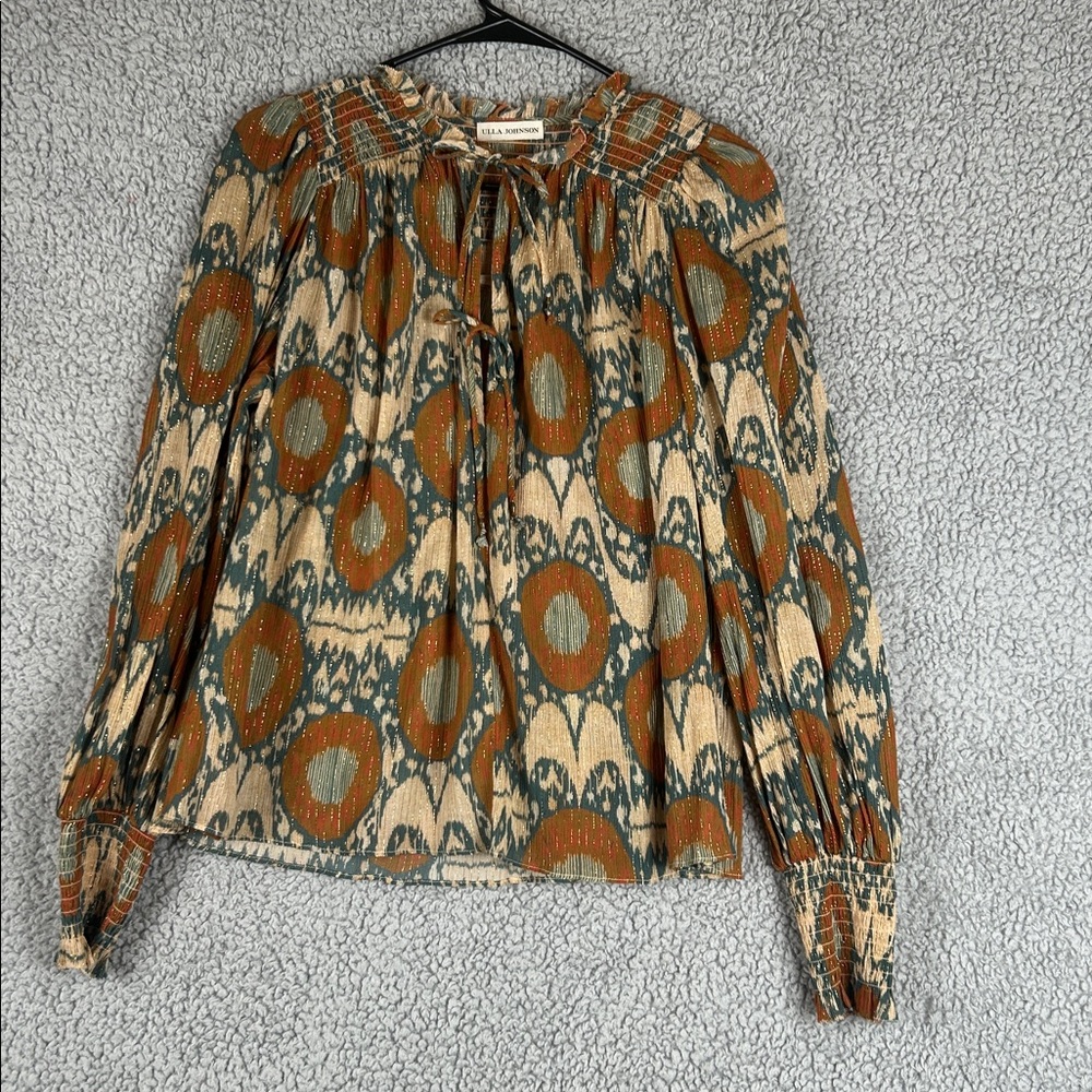 ULLA JOHNSON Long Sleeve Smocked Cuffs Double Lace Metallic Threads Size 8 - Picture 2 of 16